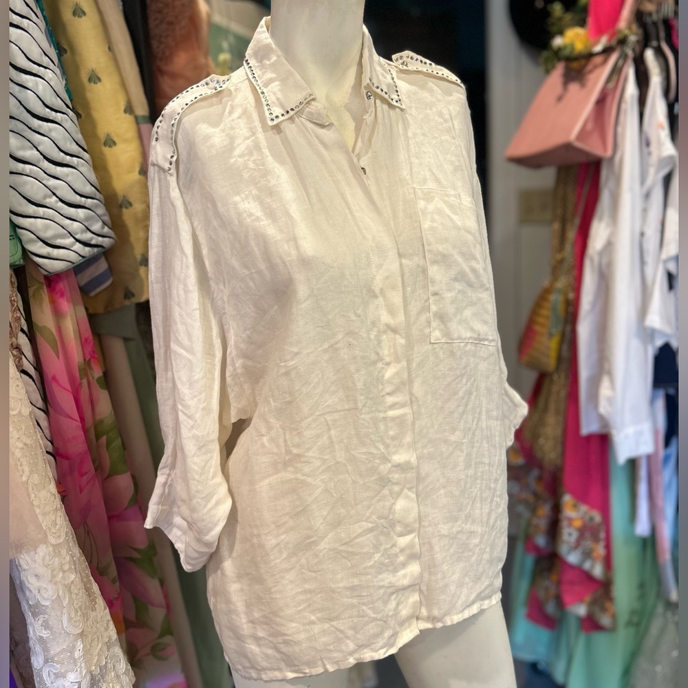 Italian Linen & Rhinestone Button Down - Picture 8 of 10